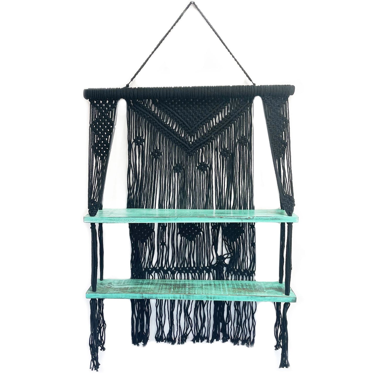 Raft Decorativ Suspendat Macrame Boho – Negru, Lemn și Bumbac Natural