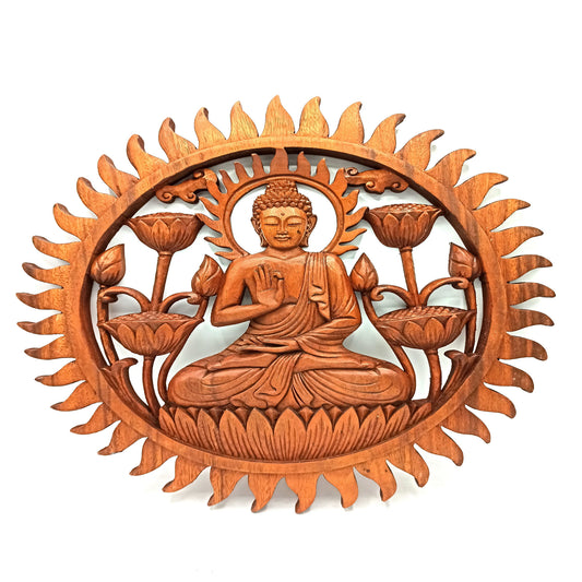 Panou Decorativ Buddha & Lotus din Lemn Natural – Simbol al Armoniei și Echilibrului, 40 cm