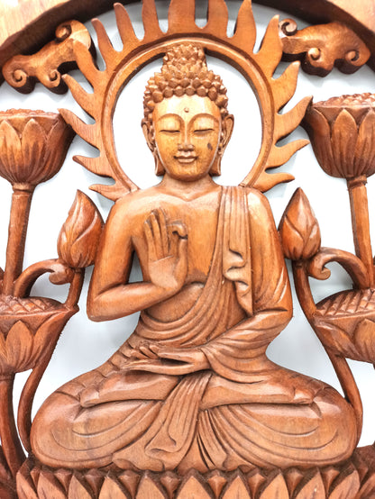 Panou Decorativ Buddha & Lotus din Lemn Natural – Simbol al Armoniei și Echilibrului, 40 cm
