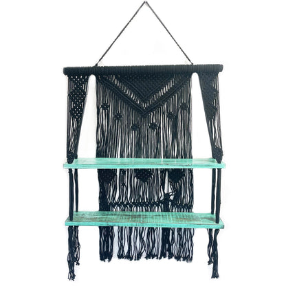 Raft Decorativ Suspendat Macrame Boho – Negru, Lemn și Bumbac Natural
