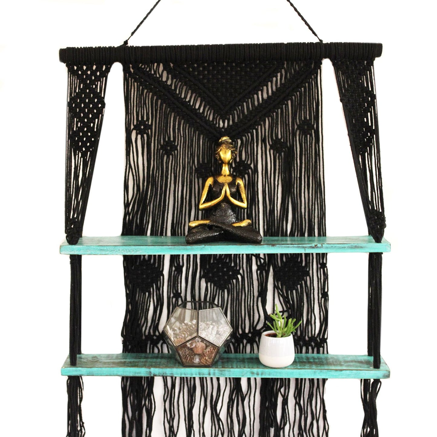 Raft Decorativ Suspendat Macrame Boho – Negru, Lemn și Bumbac Natural
