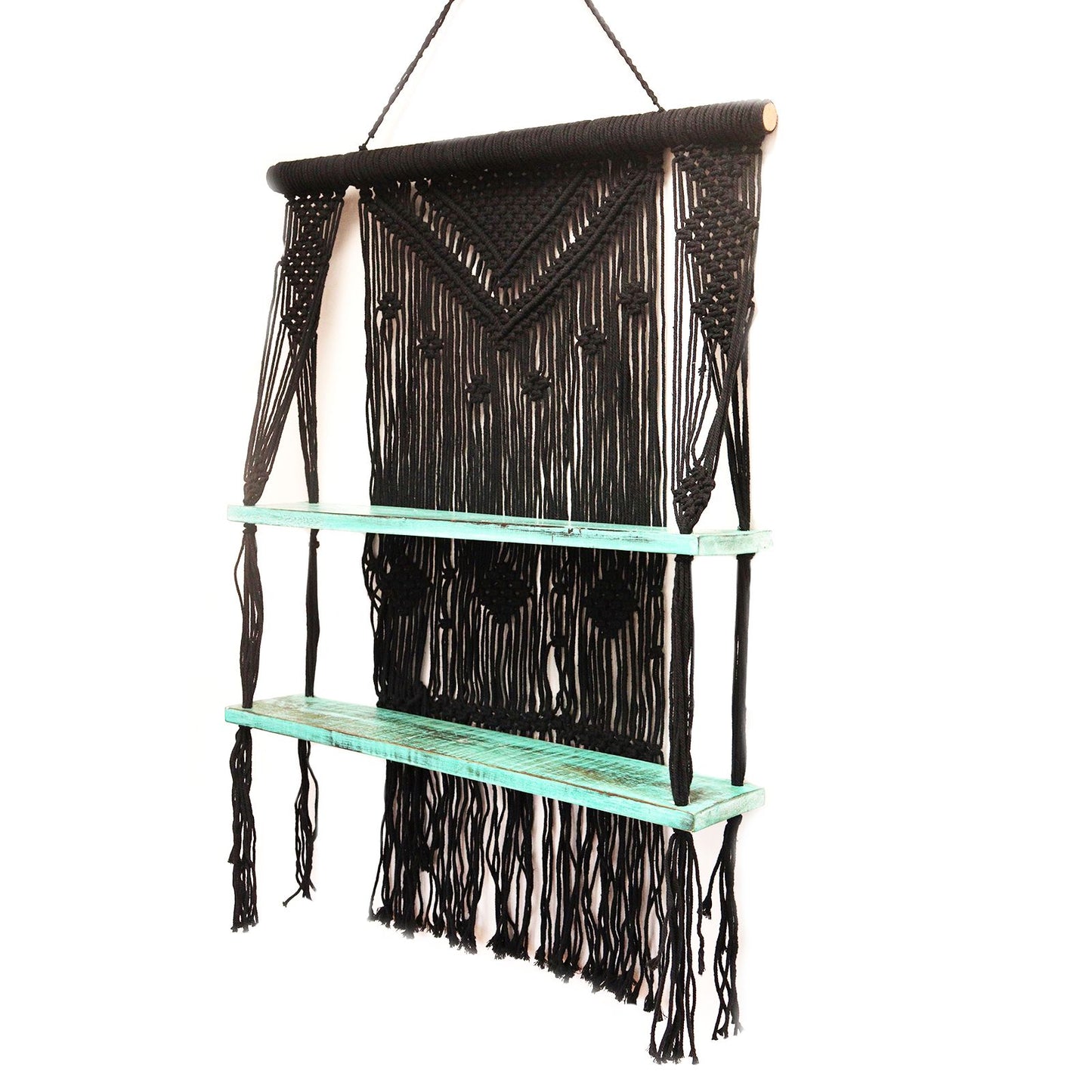 Raft Decorativ Suspendat Macrame Boho – Negru, Lemn și Bumbac Natural
