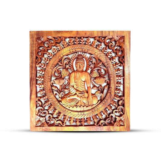 Panou Decorativ Buddha din Lemn Suar – 40×40 cm