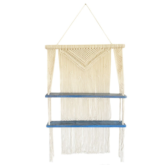 Raft Decorativ Suspendat Macrame Boho – Albastru, Lemn și Bumbac Natural