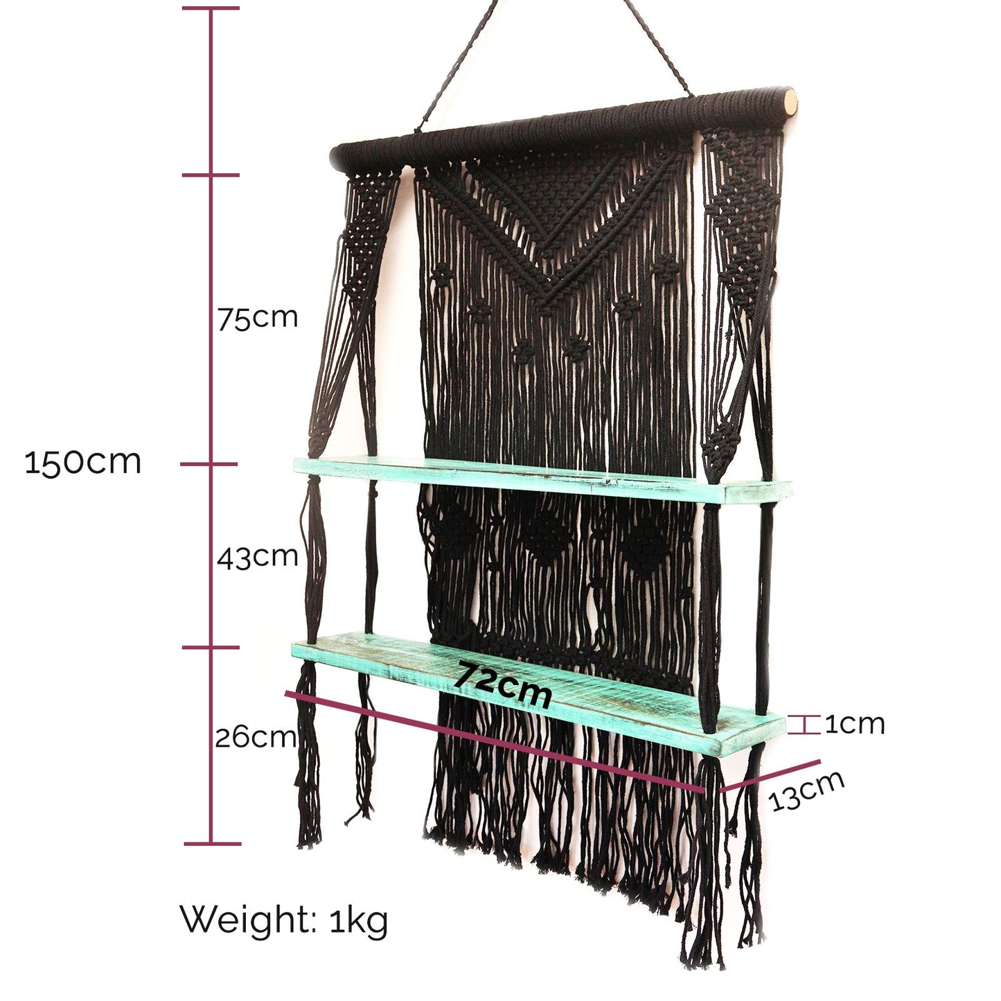 Raft Decorativ Suspendat Macrame Boho – Albastru, Lemn și Bumbac Natural
