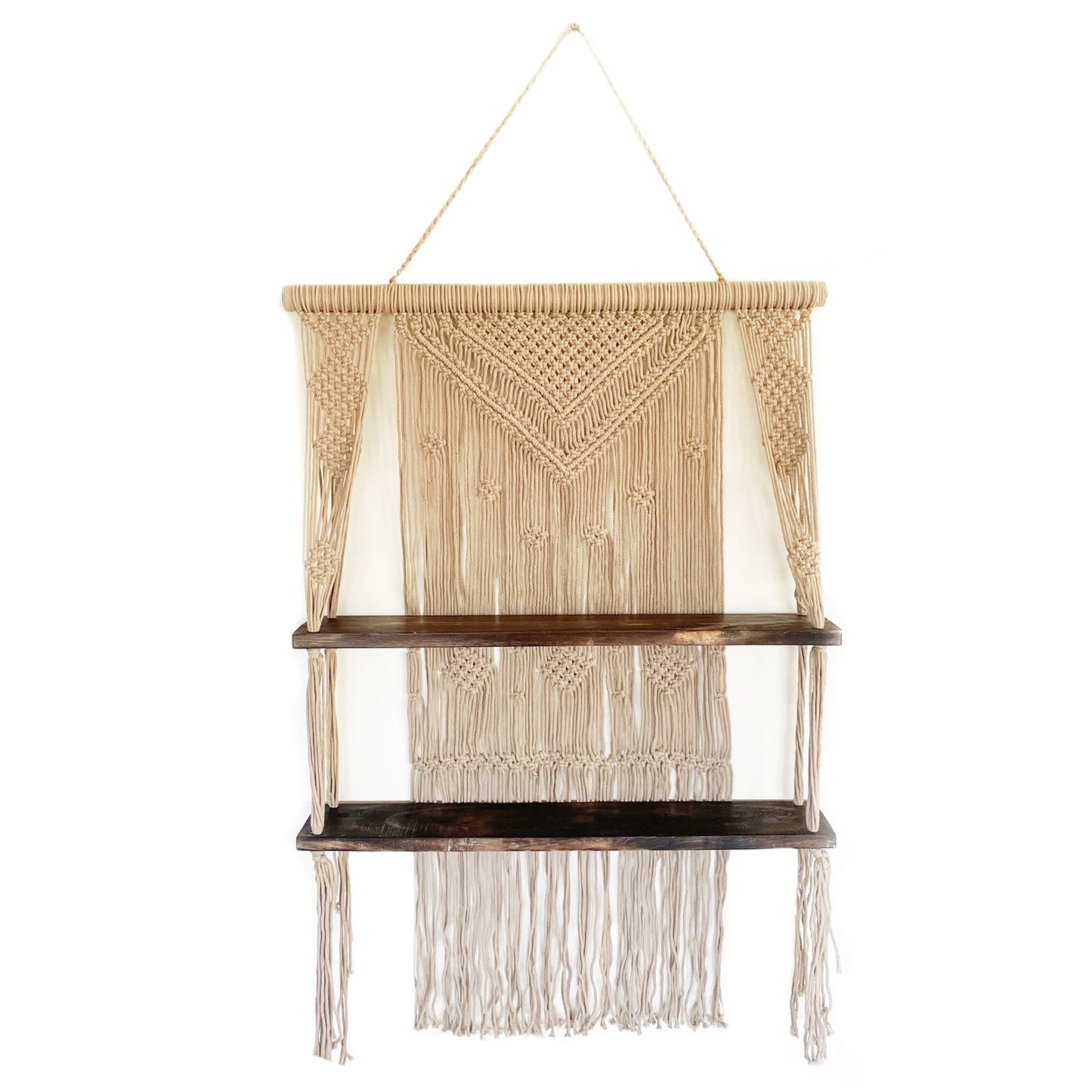 Raft Decorativ Suspendat Macrame Boho – Maro, Lemn și Bumbac Natural