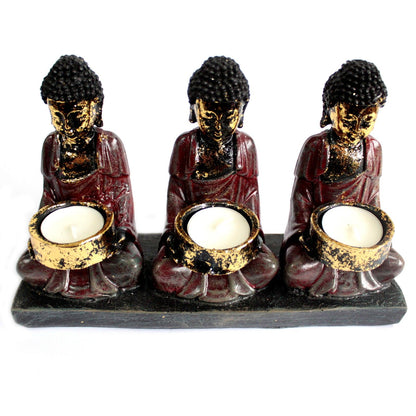 Suport decorativ pentru lumânare Buddha Antic – Cei Trei Devotați