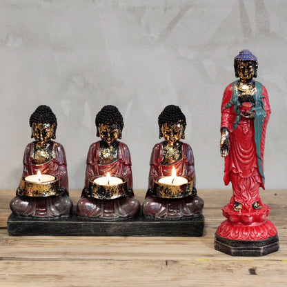 Suport decorativ pentru lumânare Buddha Antic – Cei Trei Devotați