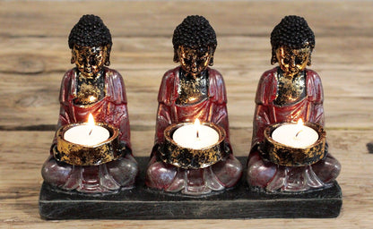 Suport decorativ pentru lumânare Buddha Antic – Cei Trei Devotați