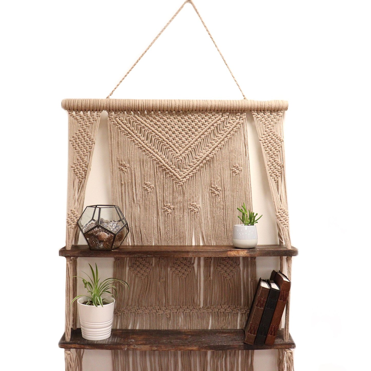 Raft Decorativ Suspendat Macrame Boho – Maro, Lemn și Bumbac Natural
