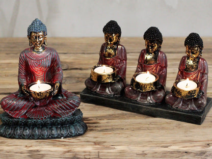 Suport decorativ pentru lumânare Buddha Antic – Cei Trei Devotați