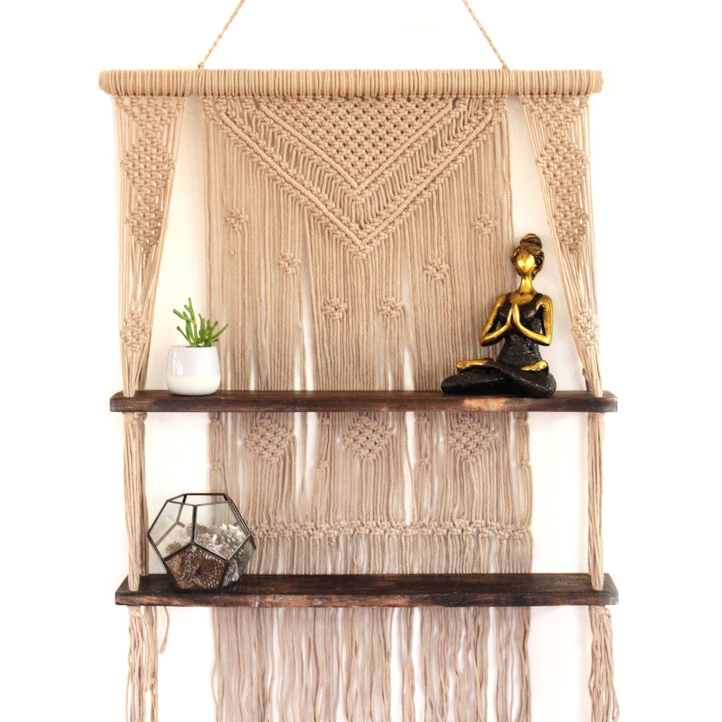 Raft Decorativ Suspendat Macrame Boho – Maro, Lemn și Bumbac Natural