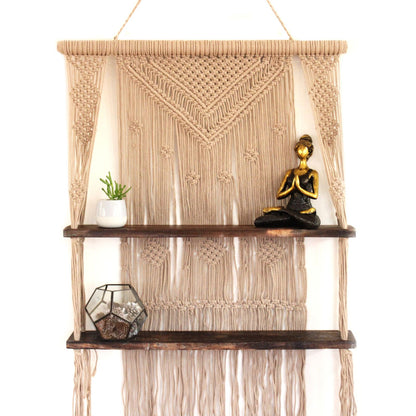 Raft Decorativ Suspendat Macrame Boho – Maro, Lemn și Bumbac Natural