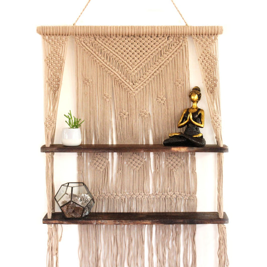 Raft Decorativ Suspendat Macrame Boho – Maro, Lemn și Bumbac Natural