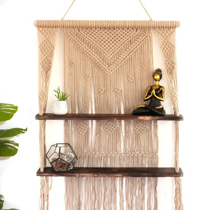 Raft Decorativ Suspendat Macrame Boho – Maro, Lemn și Bumbac Natural