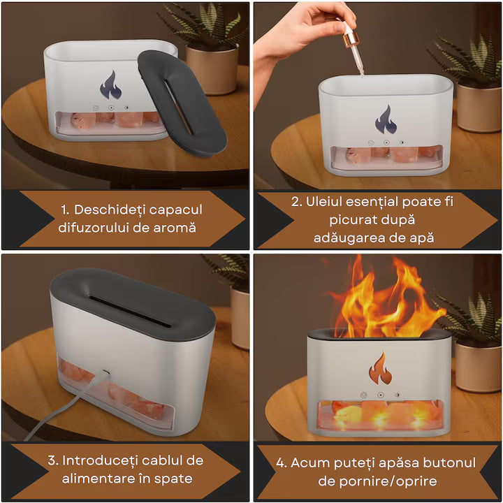 Difuzor de Aromaterapie cu Efect de Flacără și Sare de Himalaya (USB-C, Sare Inclusă)